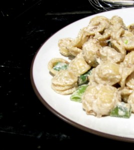 Orecchiette with Caramelized onions, sugar snap peas, and ricotta