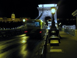 chain bridge at night